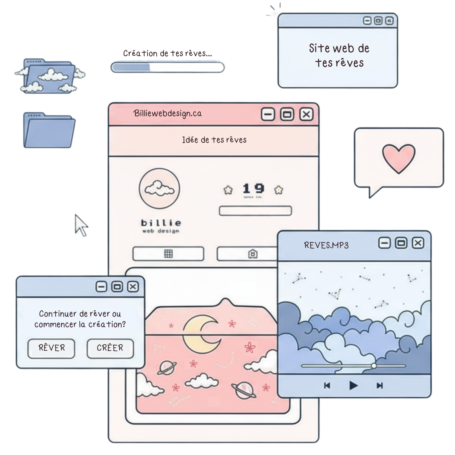 Illustration de fenêtres d’ordinateur représentant la création de ton site web de rêve